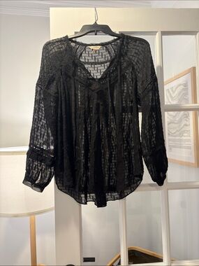 Rebecca Taylor Black Sheer Lace-Trim Peasant Blouse